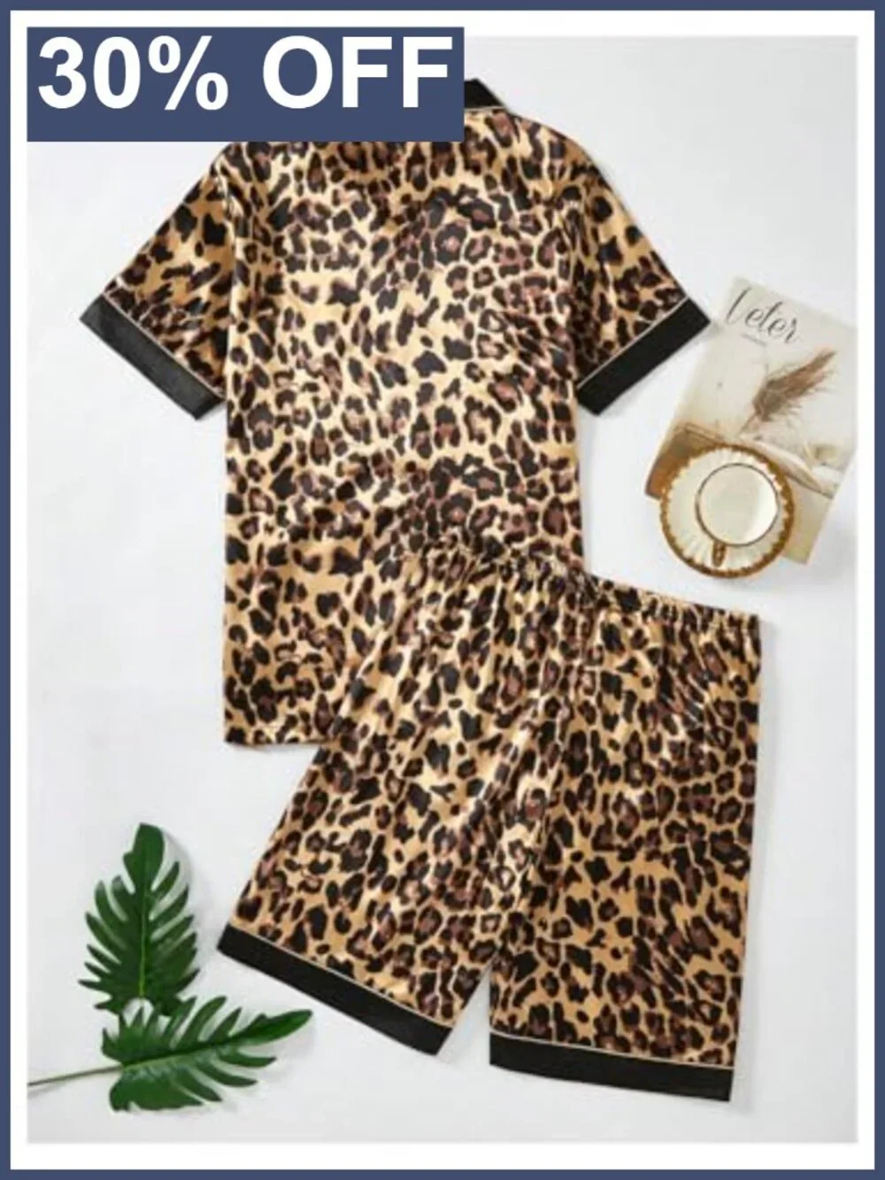 Men's 2 Piece Leopard Print Satin Pajama Set Short Sleeve Button Down Lounge